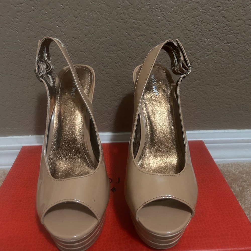 Miss Me Tan Stiletto Slingback Heels